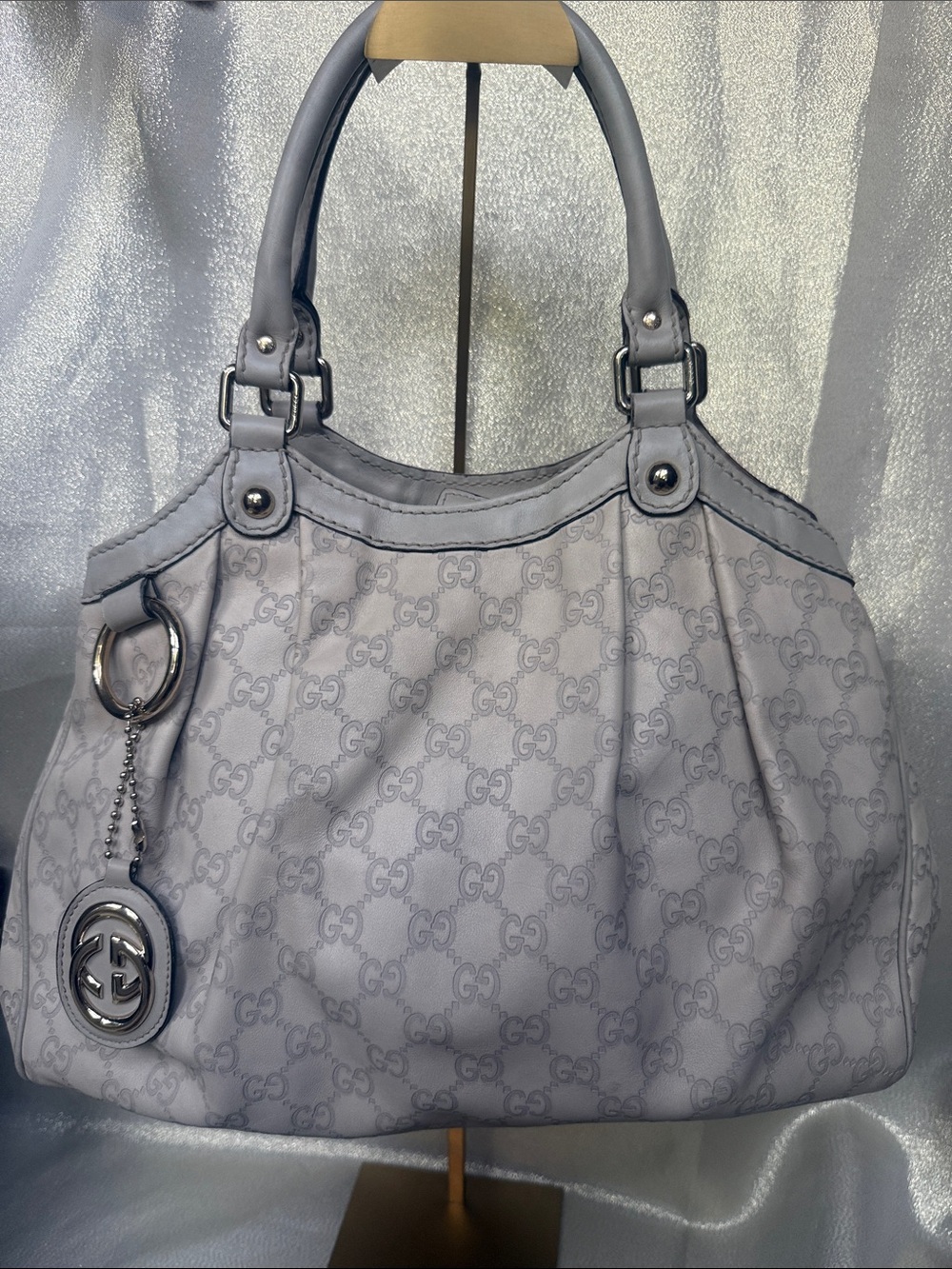 Gucci Light Gray OffWhite Leather GG Monogram Shoulder Bag